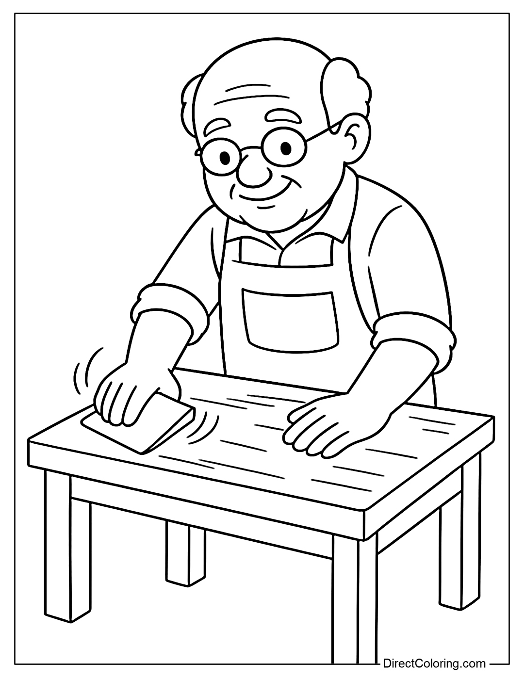 Carpenter sanding a wooden table with sandpaper coloring page.